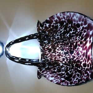 hand blown glass Leopard Print "Hand Bag" Vase 9" w x 11"h x 2-1//4" deep